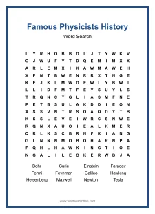 Famous Physicists History Word Search - Free printable puzzle with 12 words