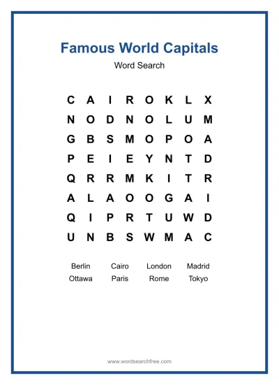 Printable Famous World Capitals Word Search worksheet