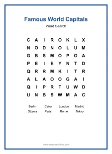 Famous World Capitals Word Search - Free printable puzzle with 8 words