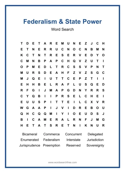 Printable Federalism & State Power Word Search worksheet