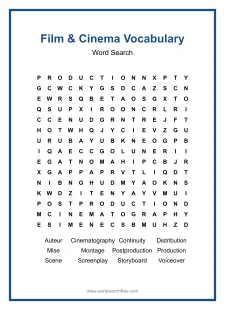 Film & Cinema Vocabulary Word Search - Free printable puzzle with 12 words