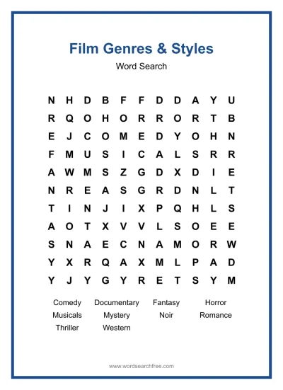 Printable Film Genres & Styles Word Search worksheet