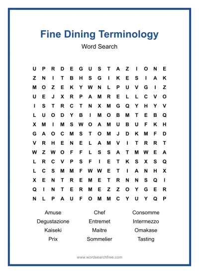 Printable Fine Dining Terminology Word Search worksheet