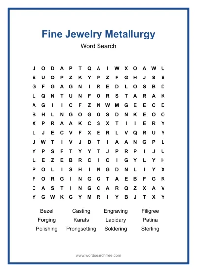 Printable Fine Jewelry Metallurgy Word Search worksheet