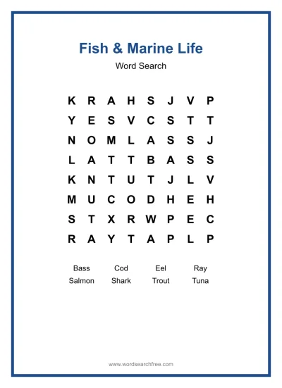 Printable Fish & Marine Life Word Search worksheet