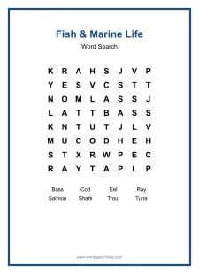 Fish & Marine Life Word Search - Free printable puzzle with 8 words