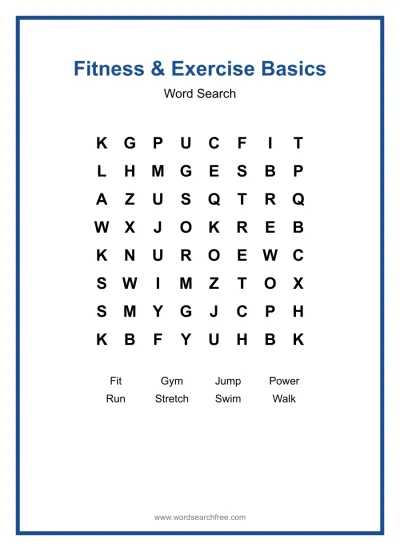 Printable Fitness & Exercise Basics Word Search worksheet