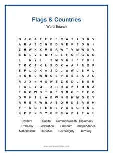 Flags & Countries Word Search - Free printable puzzle with 12 words