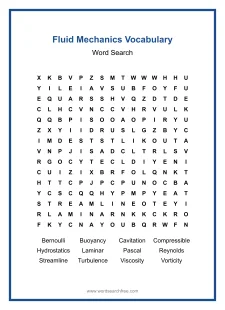Fluid Mechanics Vocabulary Word Search - Free printable puzzle with 12 words