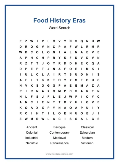 Printable Food History Eras Word Search worksheet