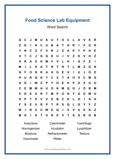 Printable Food Science Lab Equipment Word Search worksheet