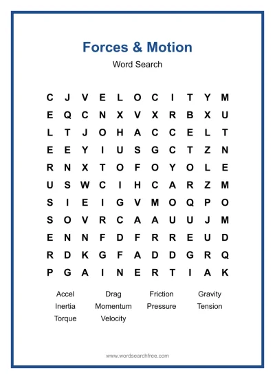 Printable Forces & Motion Word Search worksheet