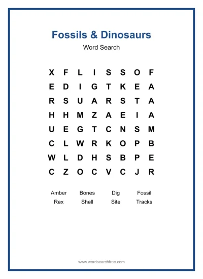 Printable Fossils & Dinosaurs Word Search worksheet