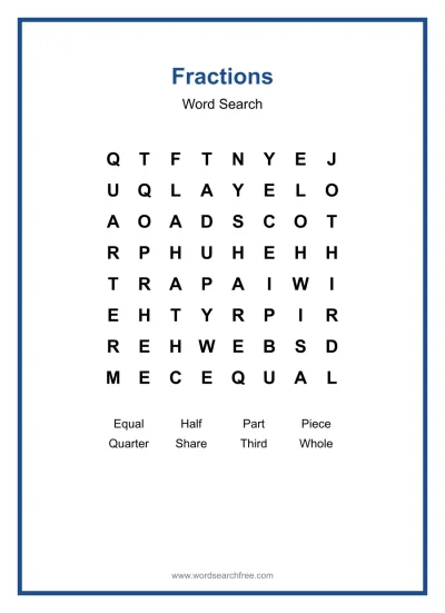 Printable Fractions Word Search worksheet