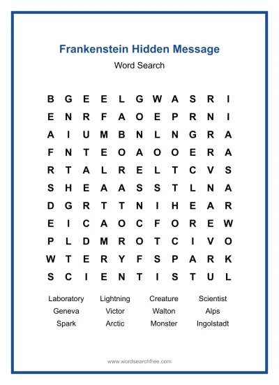 Printable Frankenstein Hidden Message Word Search worksheet