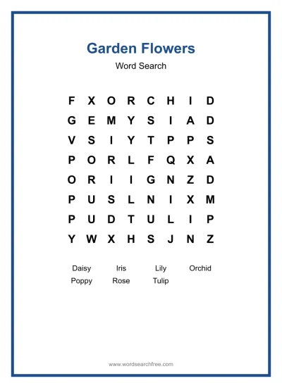 Printable Garden Flowers Word Search worksheet