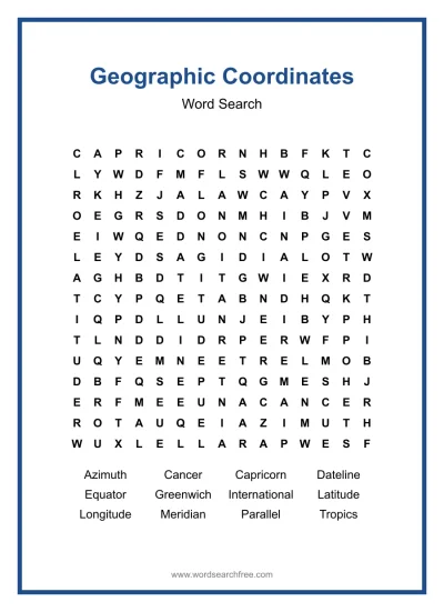 Printable Geographic Coordinates Word Search worksheet
