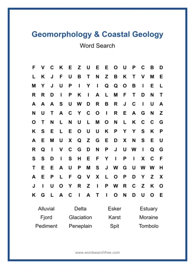 Printable Geomorphology & Coastal Geology Word Search worksheet