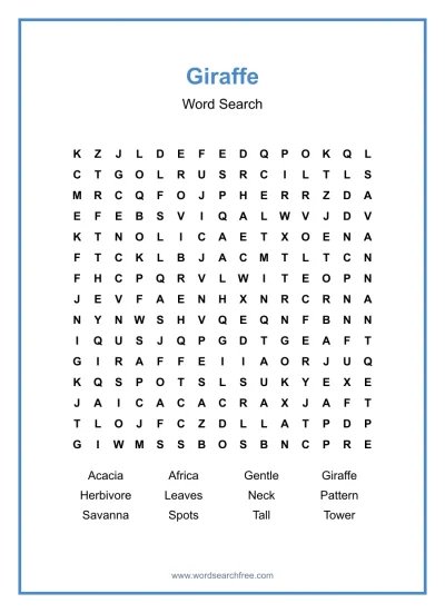 Printable Giraffe Word Search worksheet