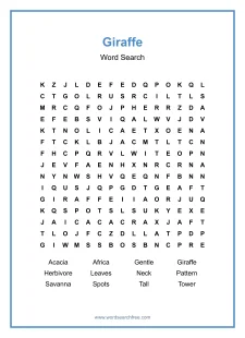 Giraffe Word Search - Free printable puzzle with 12 words