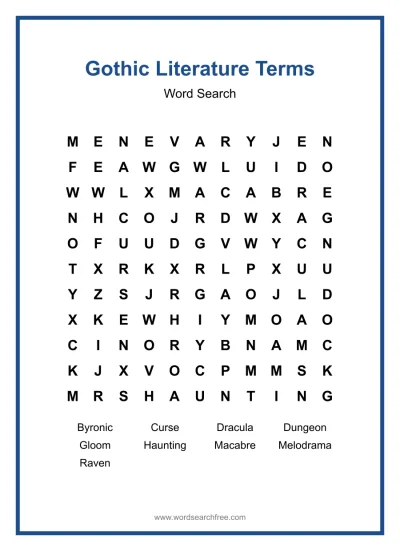 Printable Gothic Literature Terms Word Search worksheet