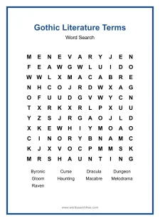 Gothic Literature Terms Word Search - Free printable puzzle with 9 words