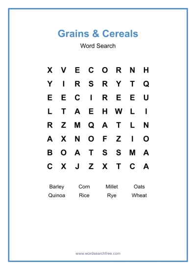Printable Grains & Cereals Word Search worksheet