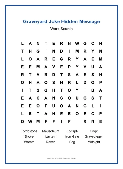 Printable Graveyard Joke Hidden Message Word Search worksheet