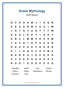 Greek Mythology Word Search - Free printable puzzle with 10 words