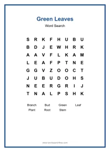 Green Leaves Word Search - Free printable puzzle with 7 words