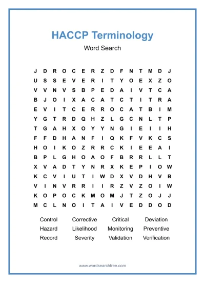 Printable HACCP Terminology Word Search worksheet