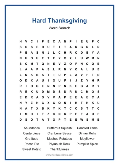 Printable Hard Thanksgiving Word Search worksheet