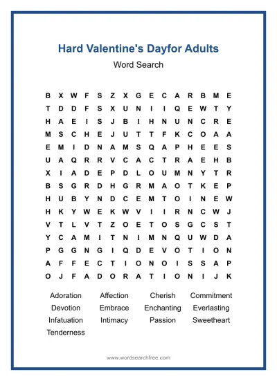 Printable Hard Valentine's Day for Adults Word Search worksheet