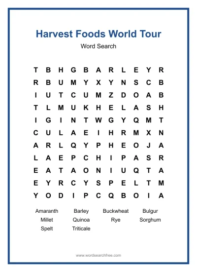 Printable Harvest Foods World Tour Word Search worksheet