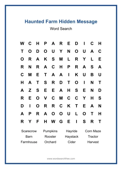 Printable Haunted Farm Hidden Message Word Search worksheet