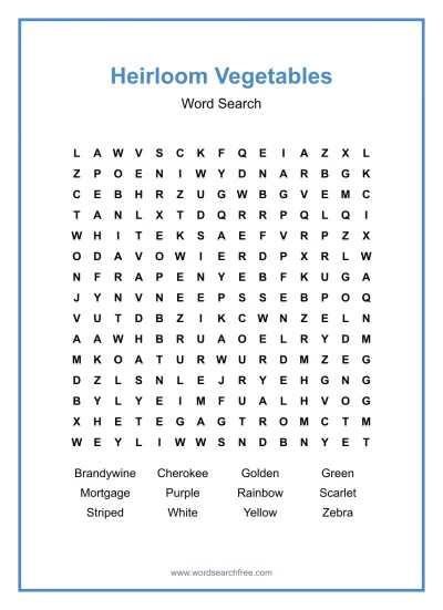 Printable Heirloom Vegetables Word Search worksheet