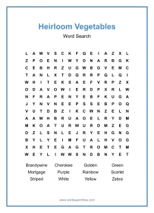 Heirloom Vegetables Word Search - Free printable puzzle with 12 words