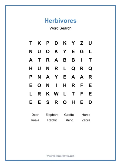 Printable Herbivores Word Search worksheet