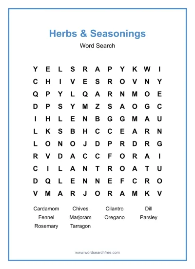 Printable Herbs & Seasonings Word Search worksheet