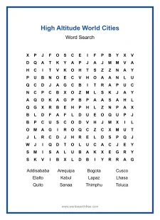 High Altitude World Cities Word Search - Free printable puzzle with 12 words