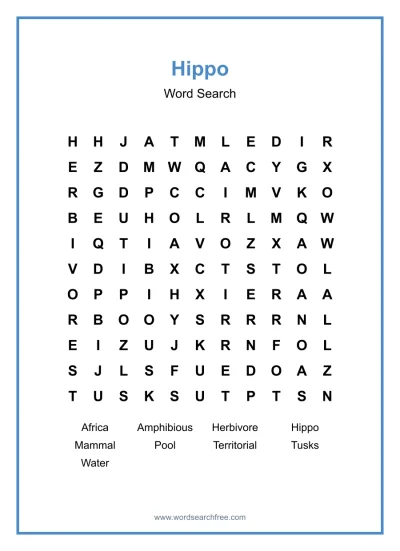 Printable Hippo Word Search worksheet