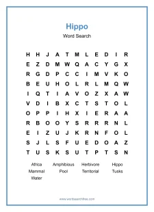 Hippo Word Search - Free printable puzzle with 9 words
