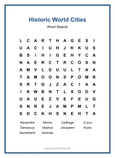 Historic World Cities Word Search - Free printable puzzle with 10 words