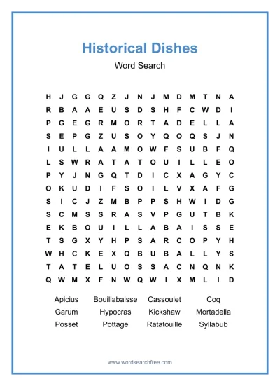 Printable Historical Dishes Word Search worksheet