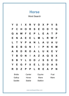Horse Word Search - Free printable puzzle with 11 words