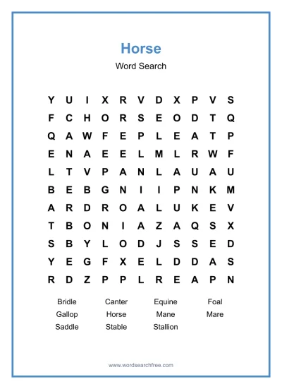 Printable Horse Word Search worksheet