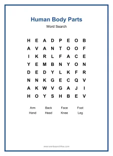Human Body Parts Word Search - Free printable puzzle with 8 words