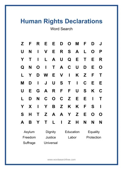 Printable Human Rights Declarations Word Search worksheet