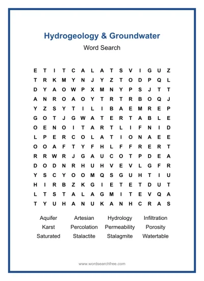 Printable Hydrogeology & Groundwater Word Search worksheet