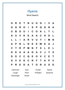 Hyena Word Search - Free printable puzzle with 10 words